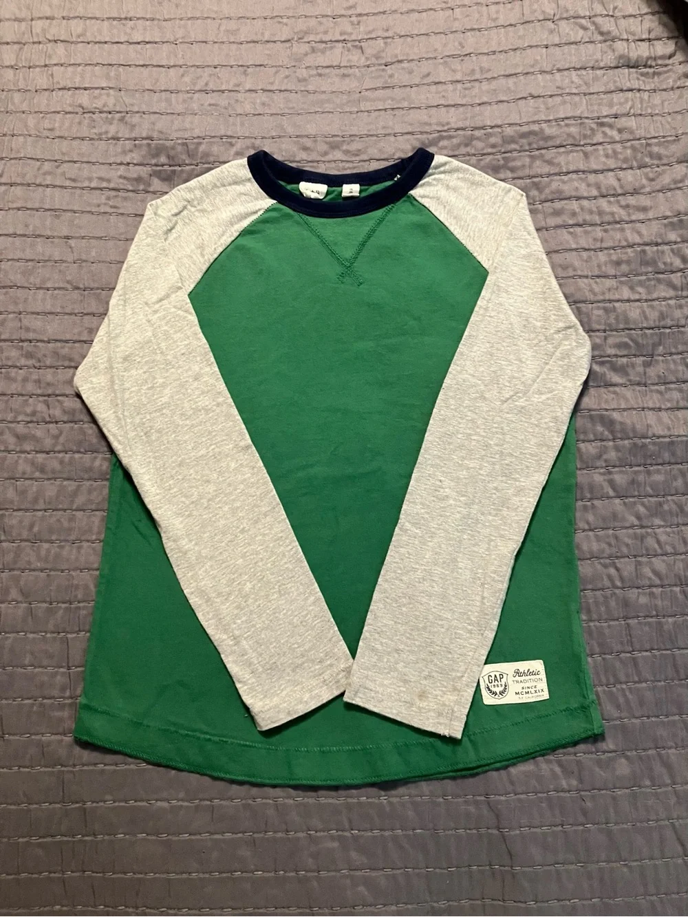 GAP Green Body with Gray Raglan Sleeves and Navy Trim Long-Sleeve Tee
